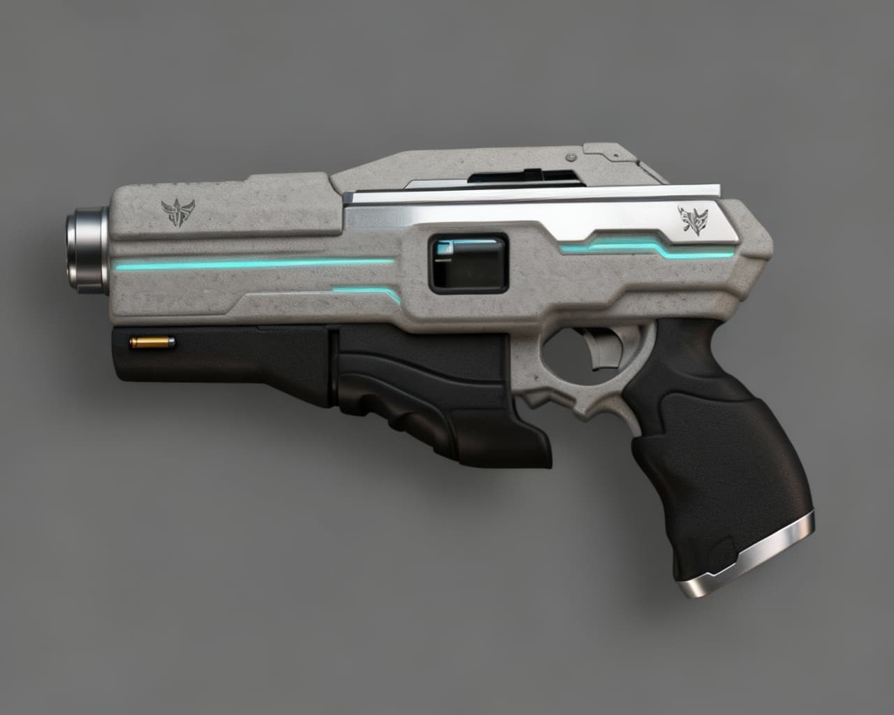 AI generated: Design a chunky, clearly fictional Wisp Pistol for Our’World: short, broad muzzle, soft rubberized g...