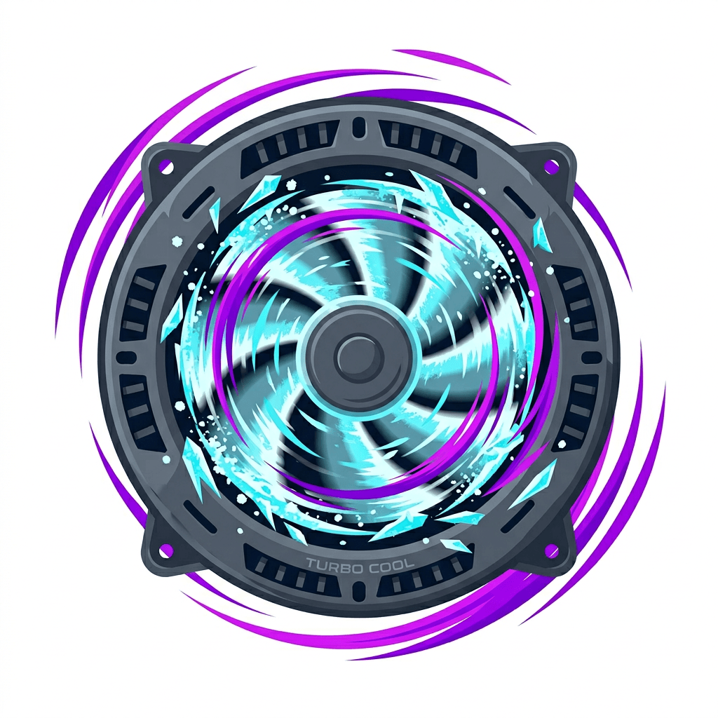 AI generated: "Turbo cooling unit, spinning fan with cyan ice crystals and purple speed lines, flat icon, transpar...