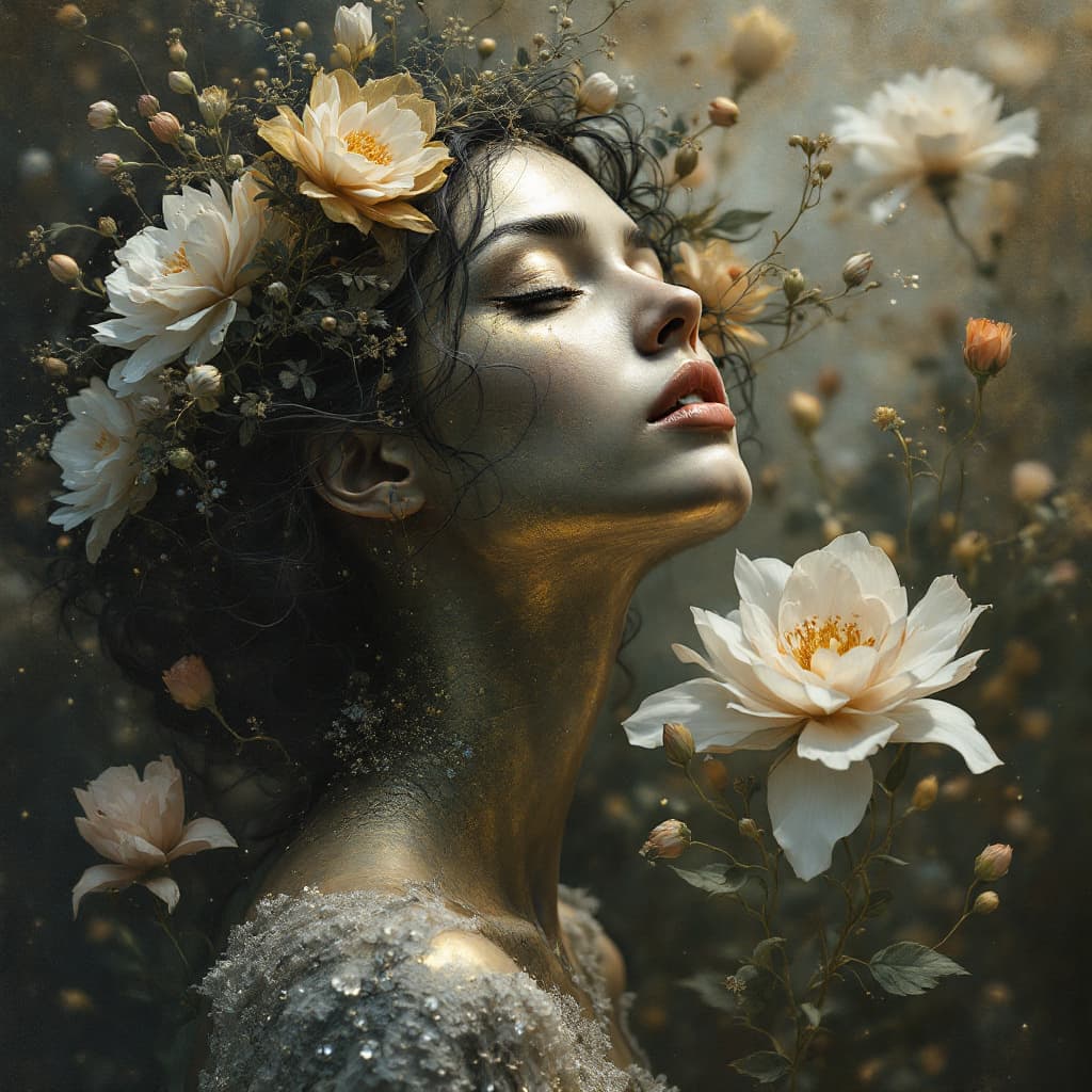 AI generated: woman made of bronze + flowers, mysticism, + coherent, haze, fog, finest drawing, macro, clear conto...