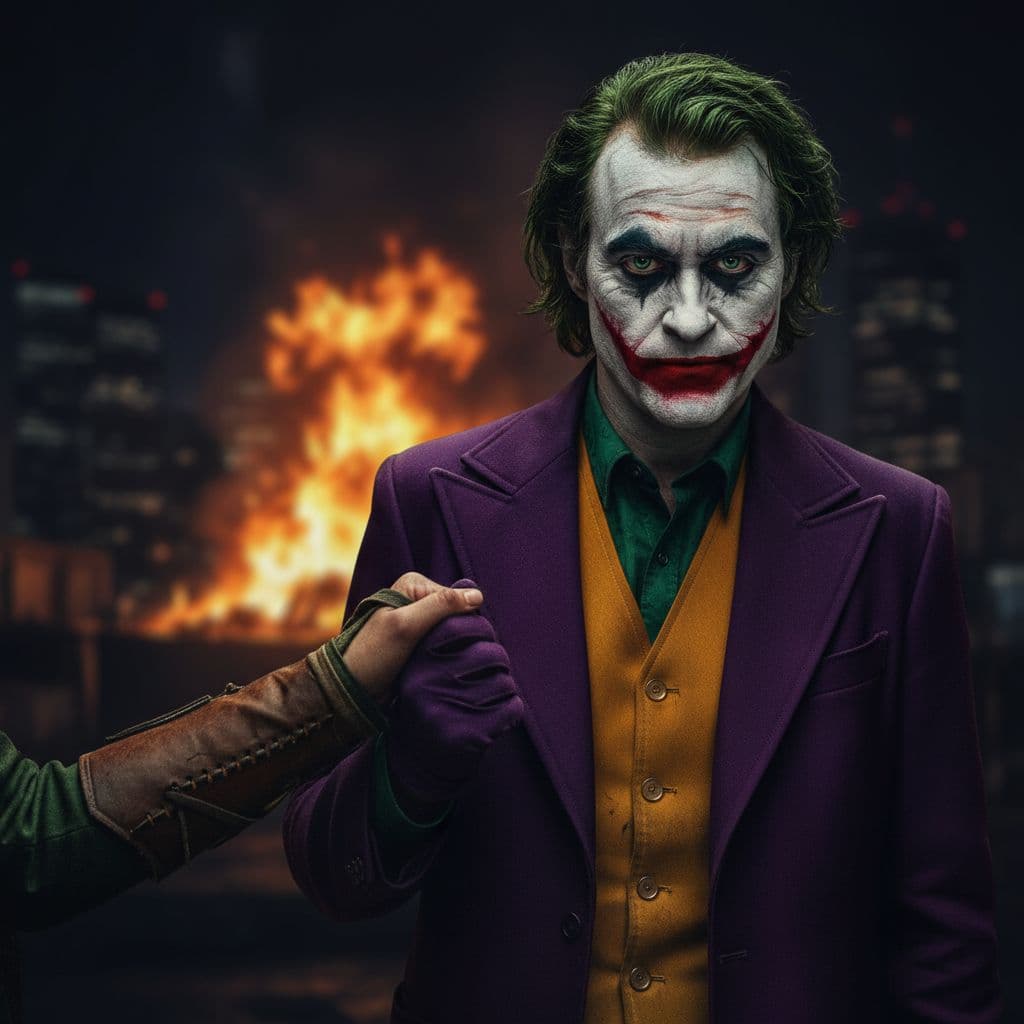 AI generated: He is wearing a dark purple coat, and his face is  characteristic of the Joker, with painted makeup ...