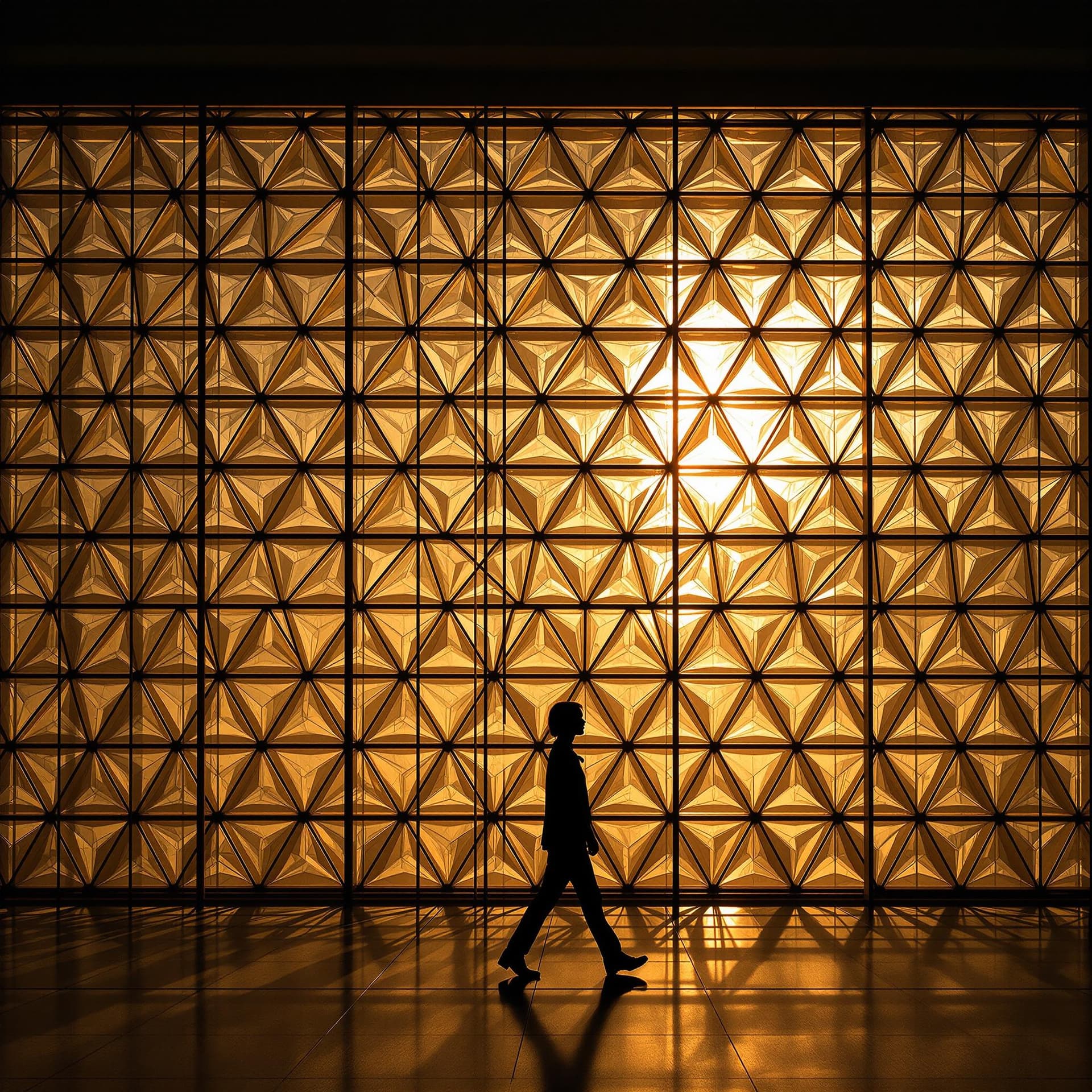 AI generated: photography, triangular pattern translucent glass wall installation with black metal frame grid, war...