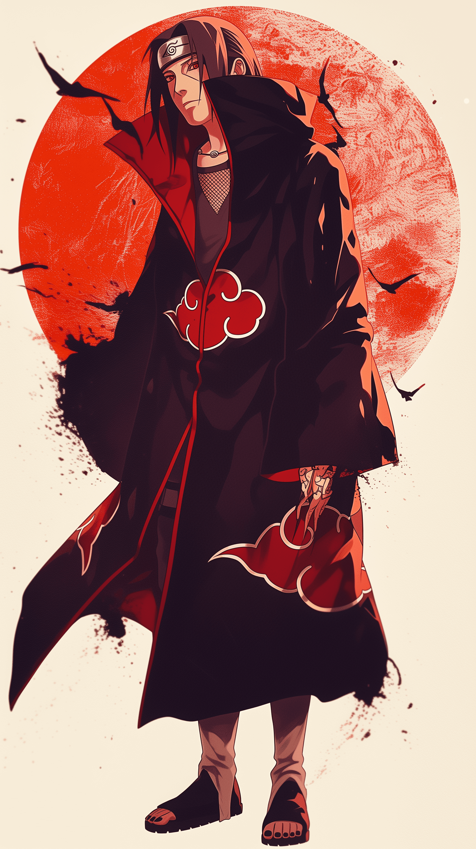 AI generated: Itachi Uchiha wearing the akatsuki cloak art by Masashi Kishimoto --ar 9:16 --niji 6 --s 50 --style ...