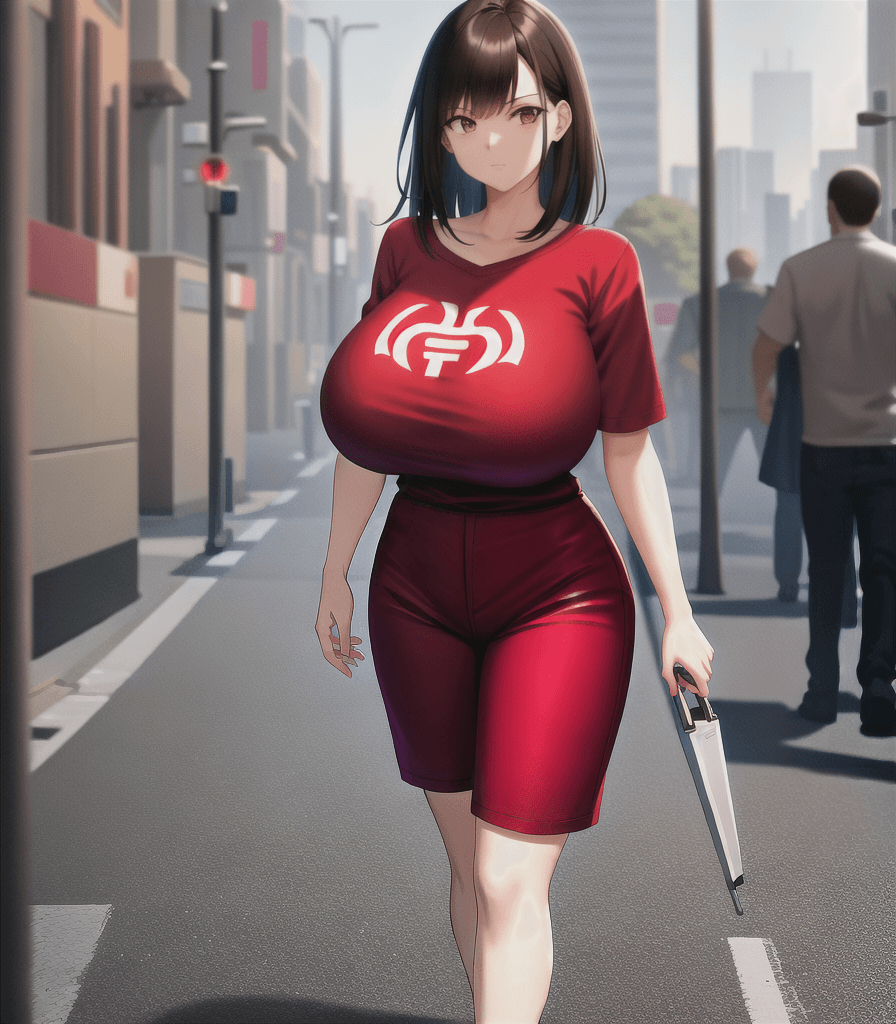 AI generated: perfect anime illustration, 1girl, woman, medium hair, brown hair, brown eyes, (huge breasts:1.4), (...