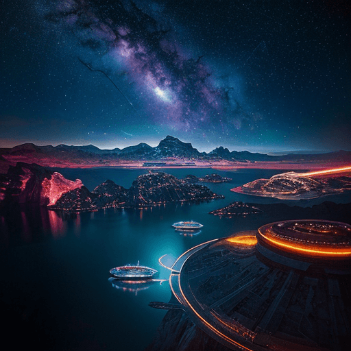 AI generated: Epic scifi image of a landscape, photorealism, beautiful, shiny, modern architecture, symbiose of te...
