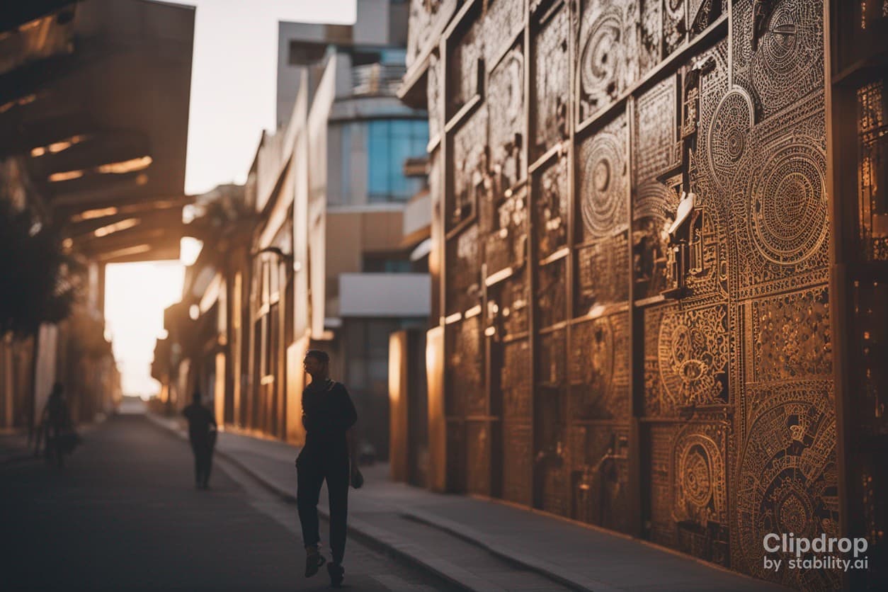 AI generated: cité moderne et futuriste avec des motifs africains sur les murs