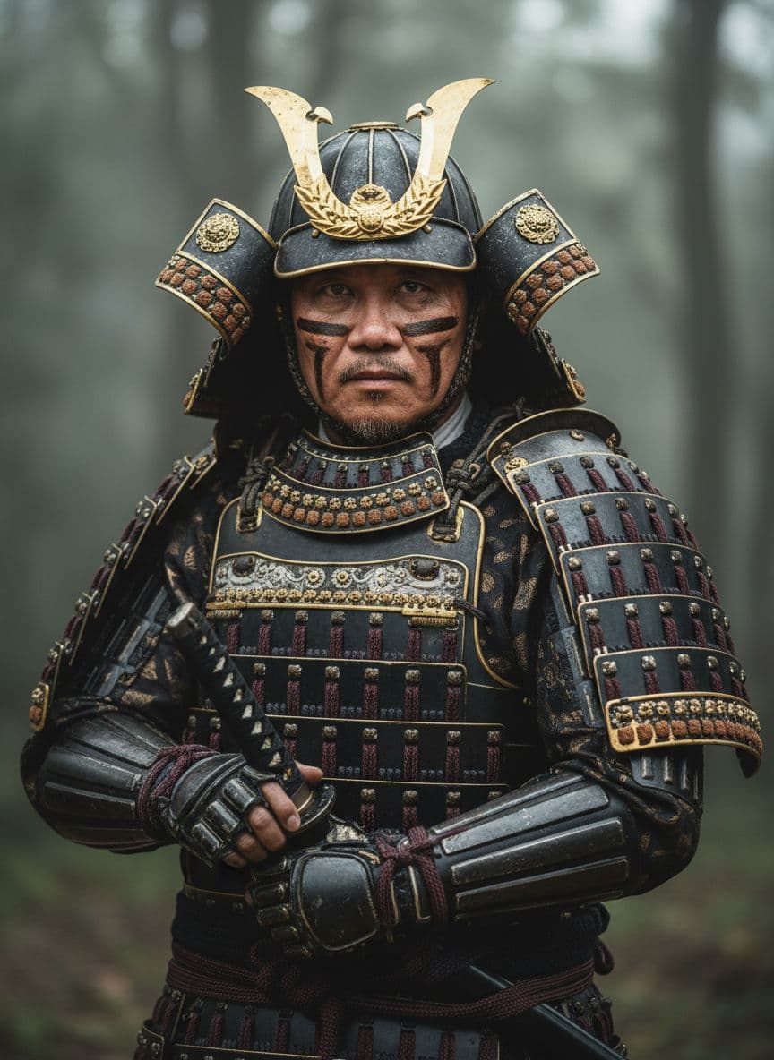 AI generated: A man (face image provided) , likely of Asian descent, wearing intricate traditional Japanese warrio...
