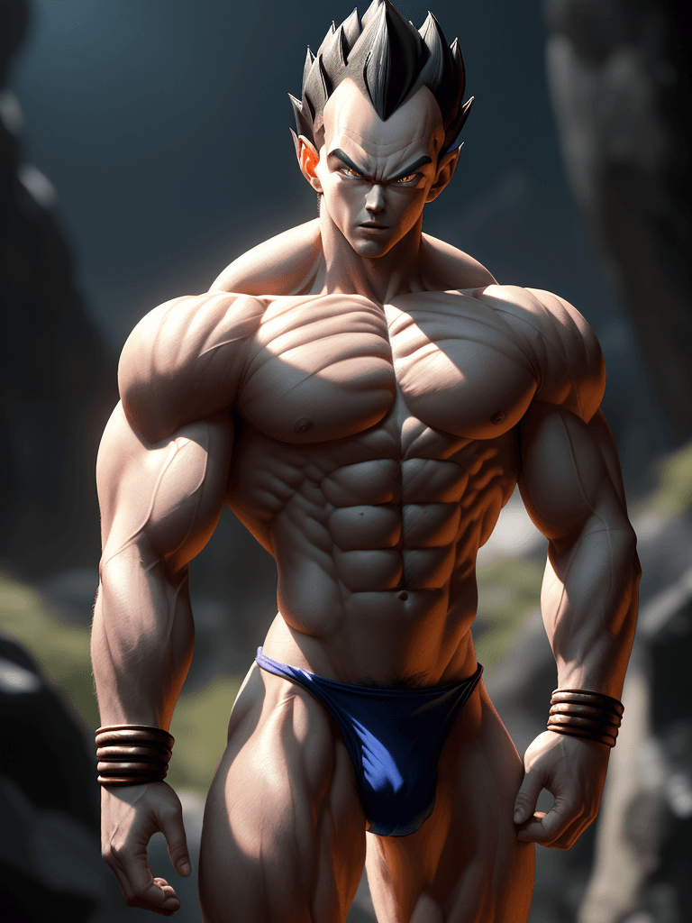 AI generated: Vegeta, caucasian complexion, big muscles and big thighs, black short hair, in his thirties, He wear...
