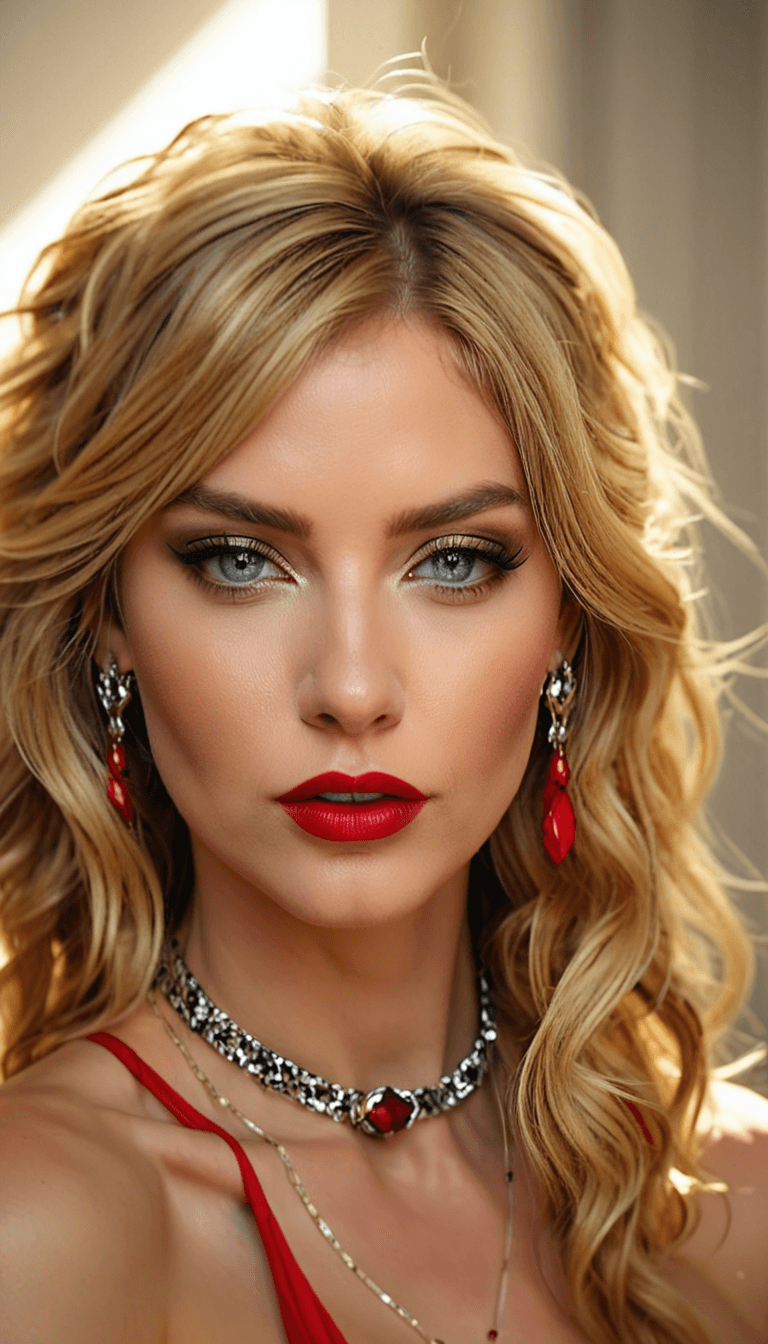 AI generated: Medium close-up, photograph of, a beautiful sensual woman with red lips, smokey eyes, messy blonde h...