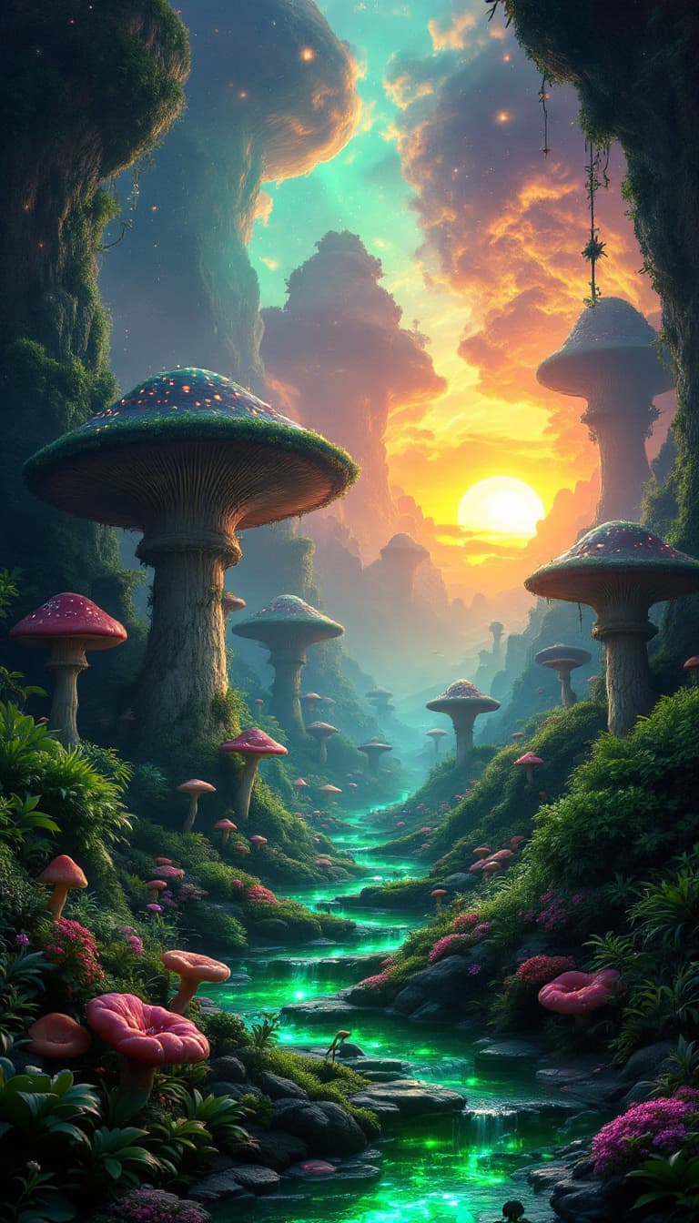 AI generated: Fantasy landscape, dynamic lights, glowing emerald, nebulas, sunset,,8k photorealistic eternal  ambi...