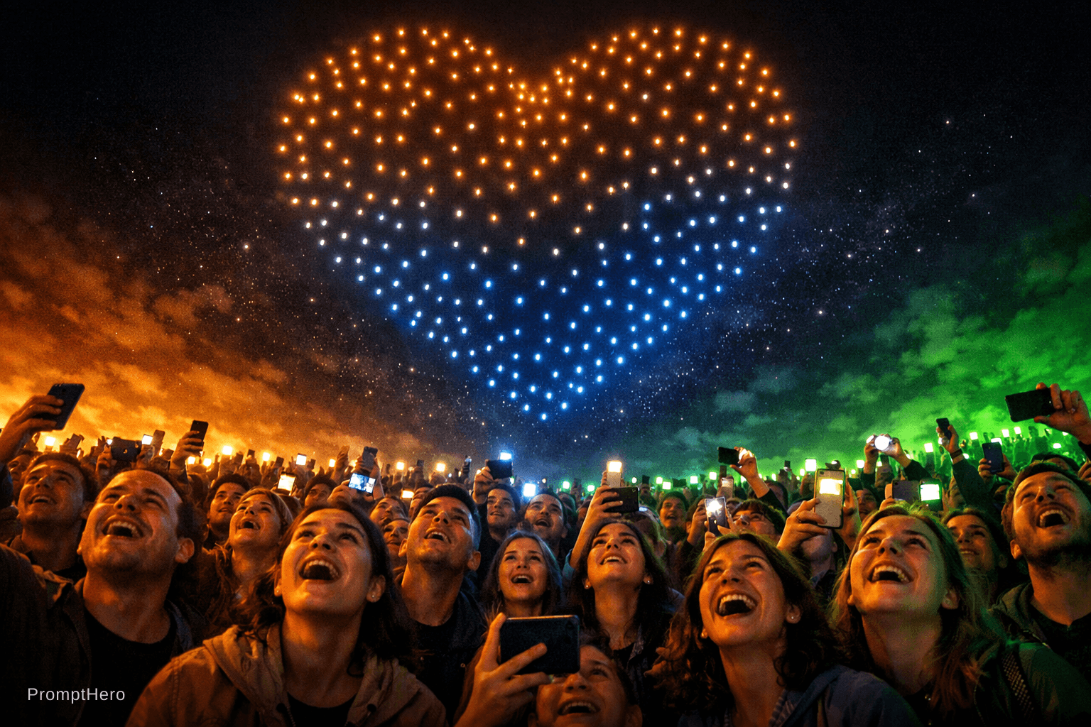 AI generated: A wide ground-level crowd photograph taken at night during a drone light show, the camera pointing u...