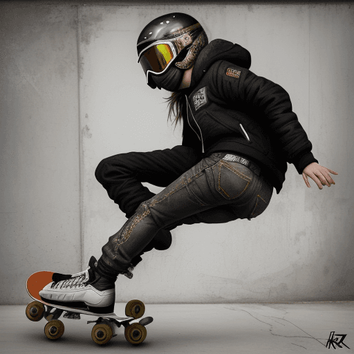 AI generated: artistic, Anna Razumovskaya style, skate boarder, professional artwork, heavy touched, grunge, Banks...