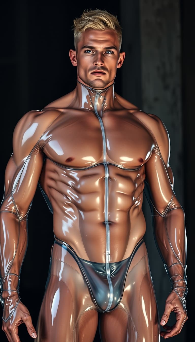 AI generated: Hyper-realistic muscular blond man in a skin-tight transparent and translucent plastic suit, wearing...