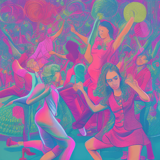 AI generated: pop album cover young, adults in pink and blue outfits dancing on a green backfrop, 16k
