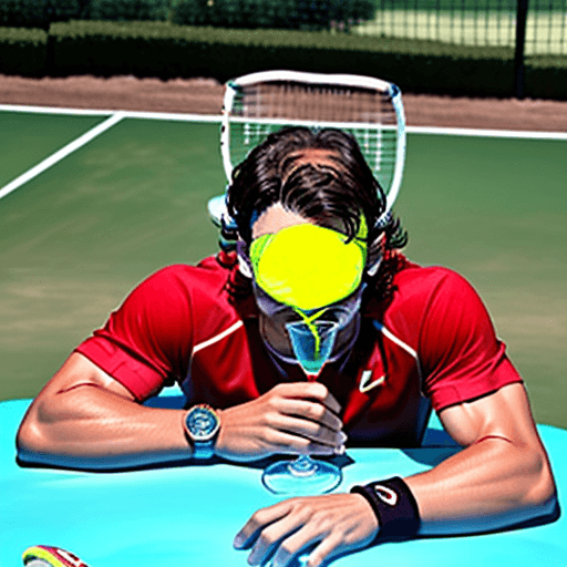 AI generated: hazme una foto del tenista rafael nadal, en el descanso de un partida de tenis bebiendo una bebida d...