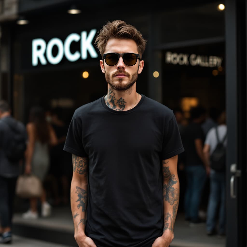 AI generated: A young Caucasian man with short brown hair, beard, wearing sunglasses and a black t-shirt, some tat...