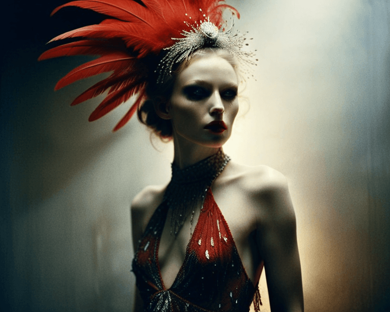 AI generated: chiaroscuro style, RAW photo, a mysterious pale woman, red creative makeup, intricate glittery dress...