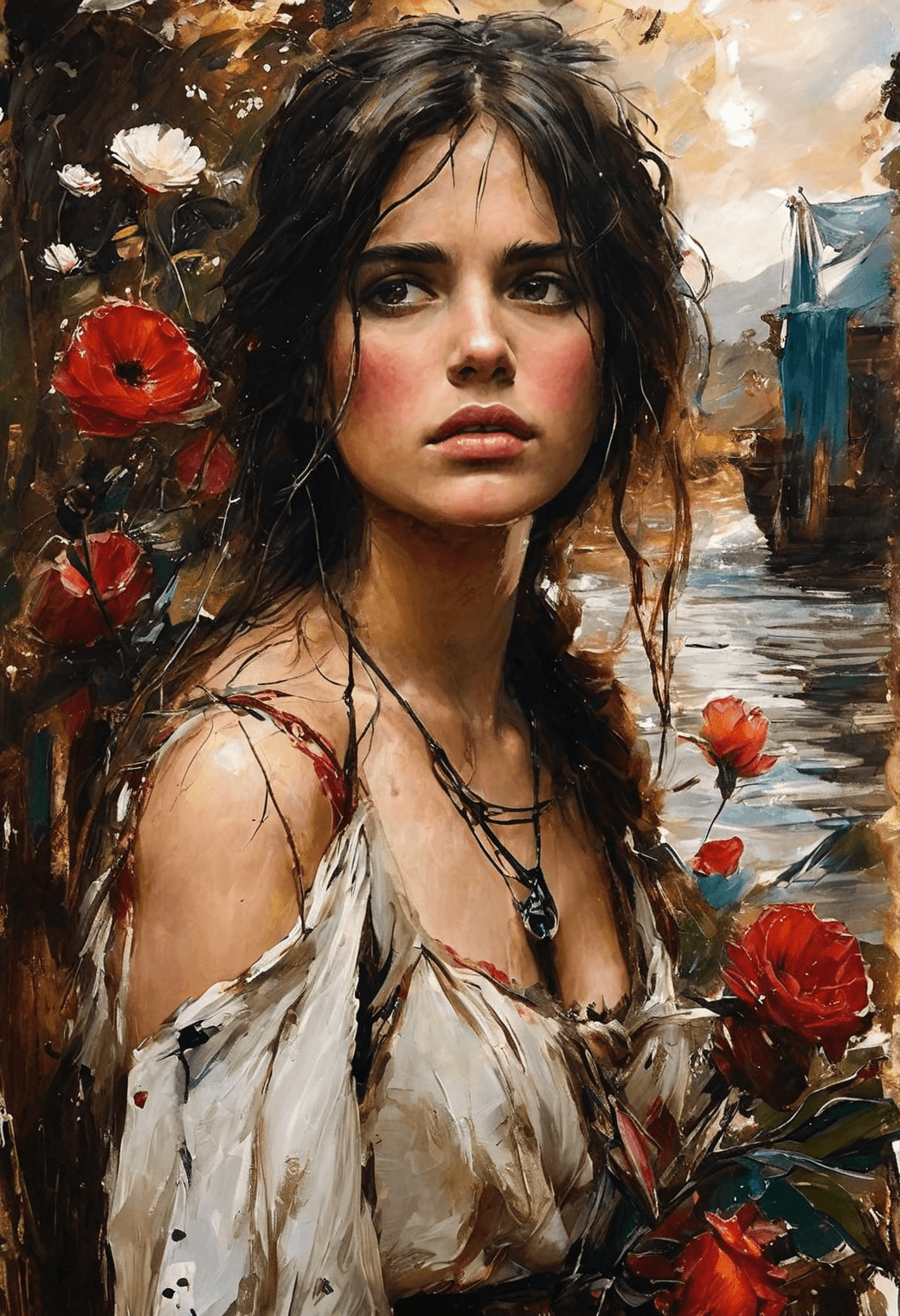 AI generated: Drawing from the style of  John William Waterhouse, a vivid self-portrait of a beautiful woman, surr...