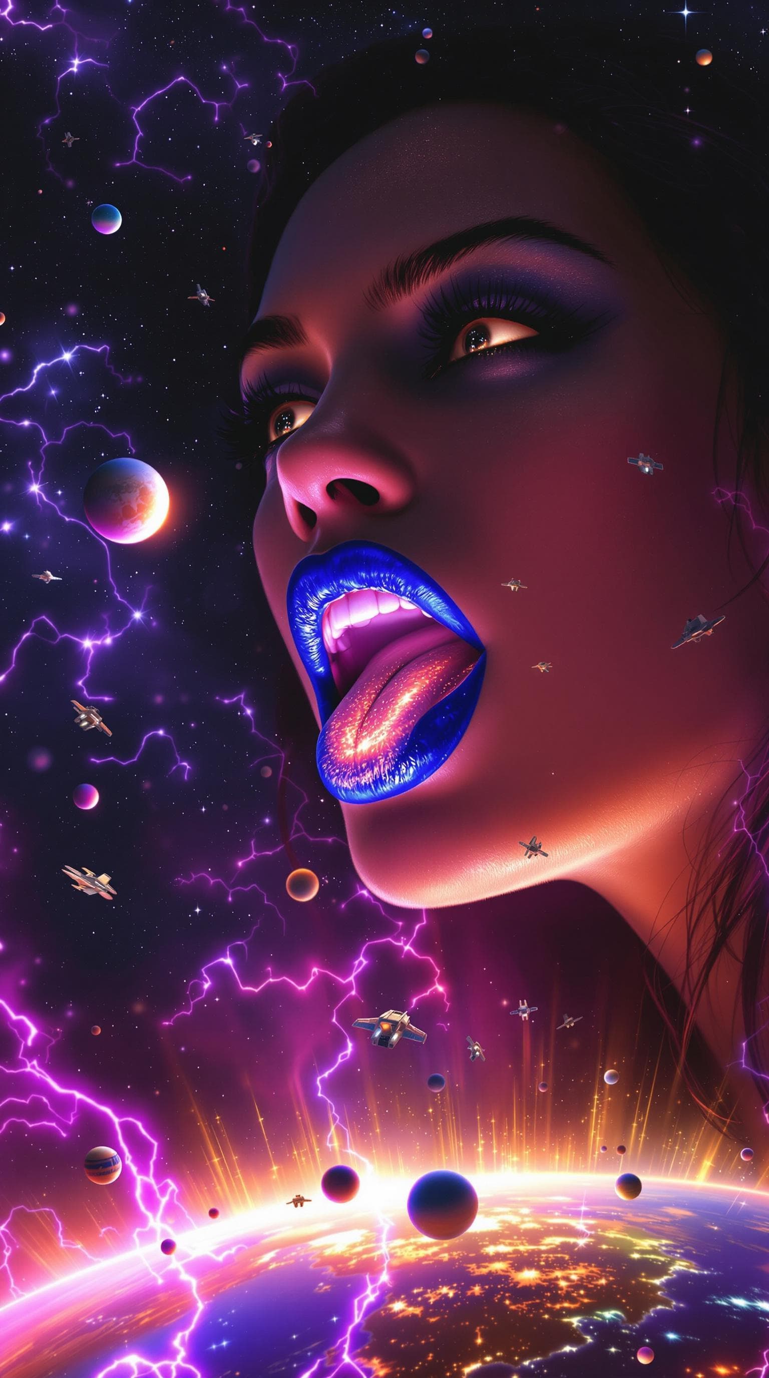 AI generated: enormous giantess 22 year old Mila Kunis, from That 70's Show, seen bigger than a galaxy floating in...
