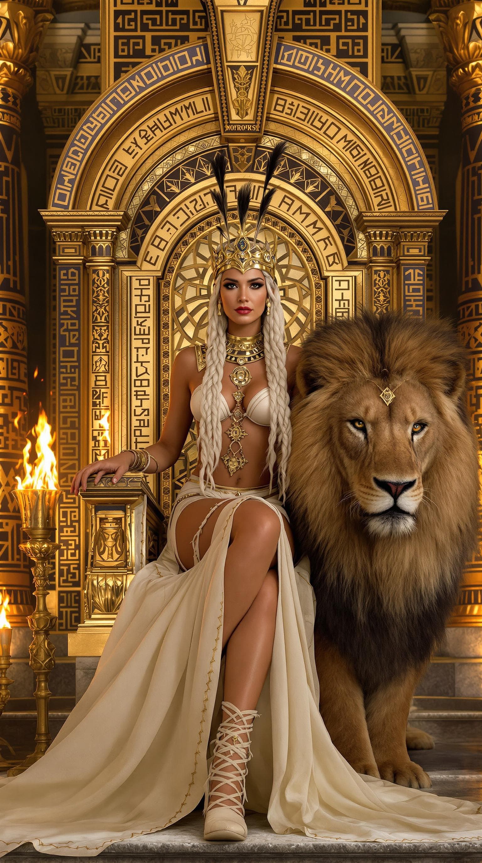 AI generated: Nordic warrior queen on Egyptian golden throne, ((perfect facial features)), long silver-white braid...