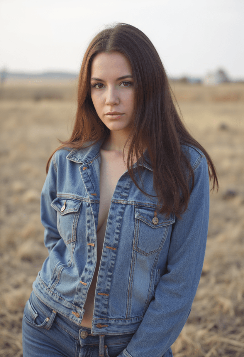 AI generated: A woman with long brown hair is standing in an open field. She's dressed casually in a denim jacket ...