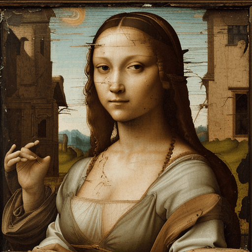 AI generated: Renaissance painting, old torn painting surface, in the style of Leonardo da Vinci, featuring a port...