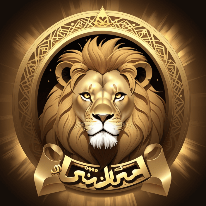 AI generated: logo, cartoon lion, gold theme, circle frame, arab style, power

