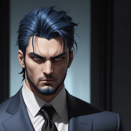 AI generated: man with an imposing presence with a tall stature and an athletic build, his dark blue hair stands o...