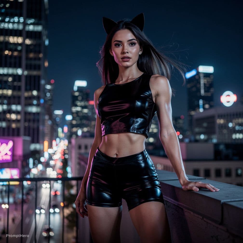 AI generated: A beautiful woman, light dark skin, cat ears, black sport latex short, black latex sport top, full h...