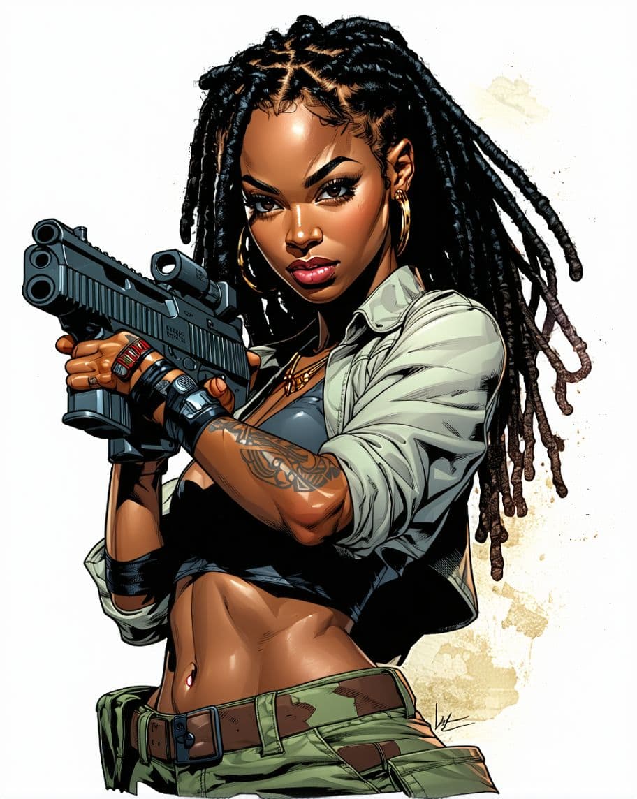 AI generated: Comic book cover illustration, full body shot of young beautiful African American woman, top model f...