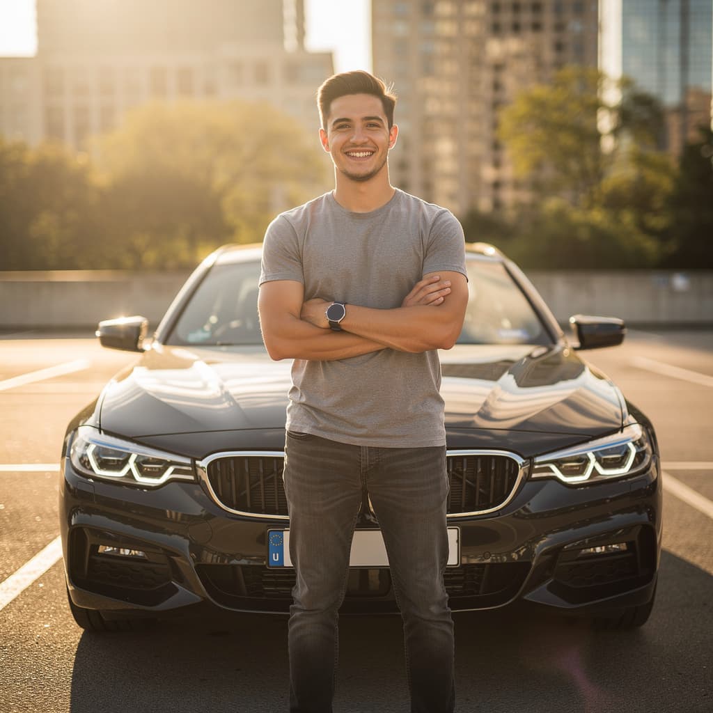AI generated: a person standing infront of his BMW and feeling provide of what he earned 