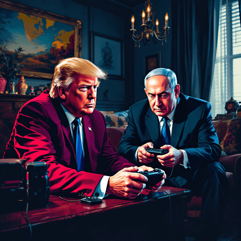 AI generated: grunge style photo: donald trump palying video games in a room with Benjamin Netanyahu
