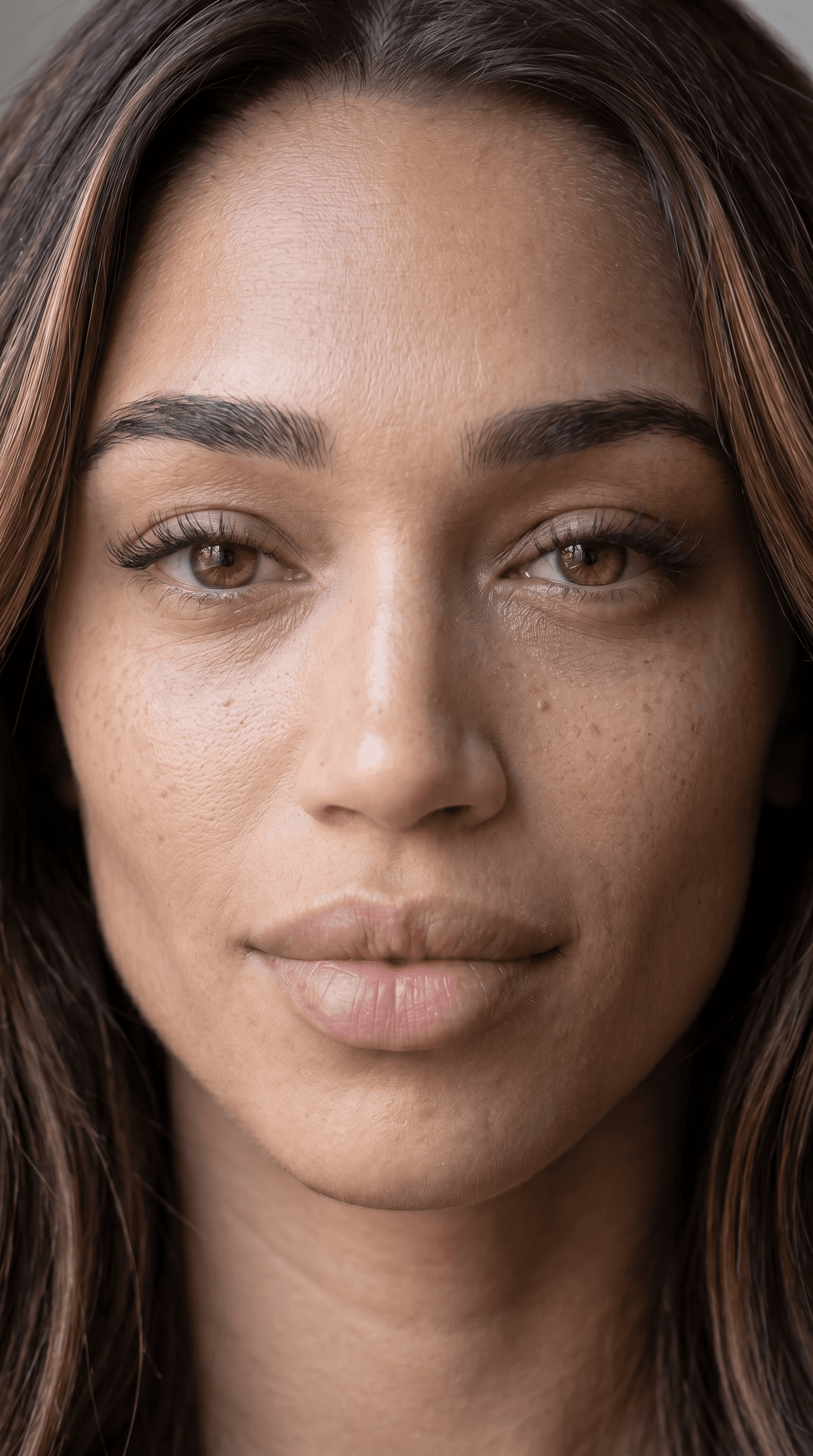 AI generated: micro-texture detail visible on forehead chin and upper lip area, natural skin redness variation aro...