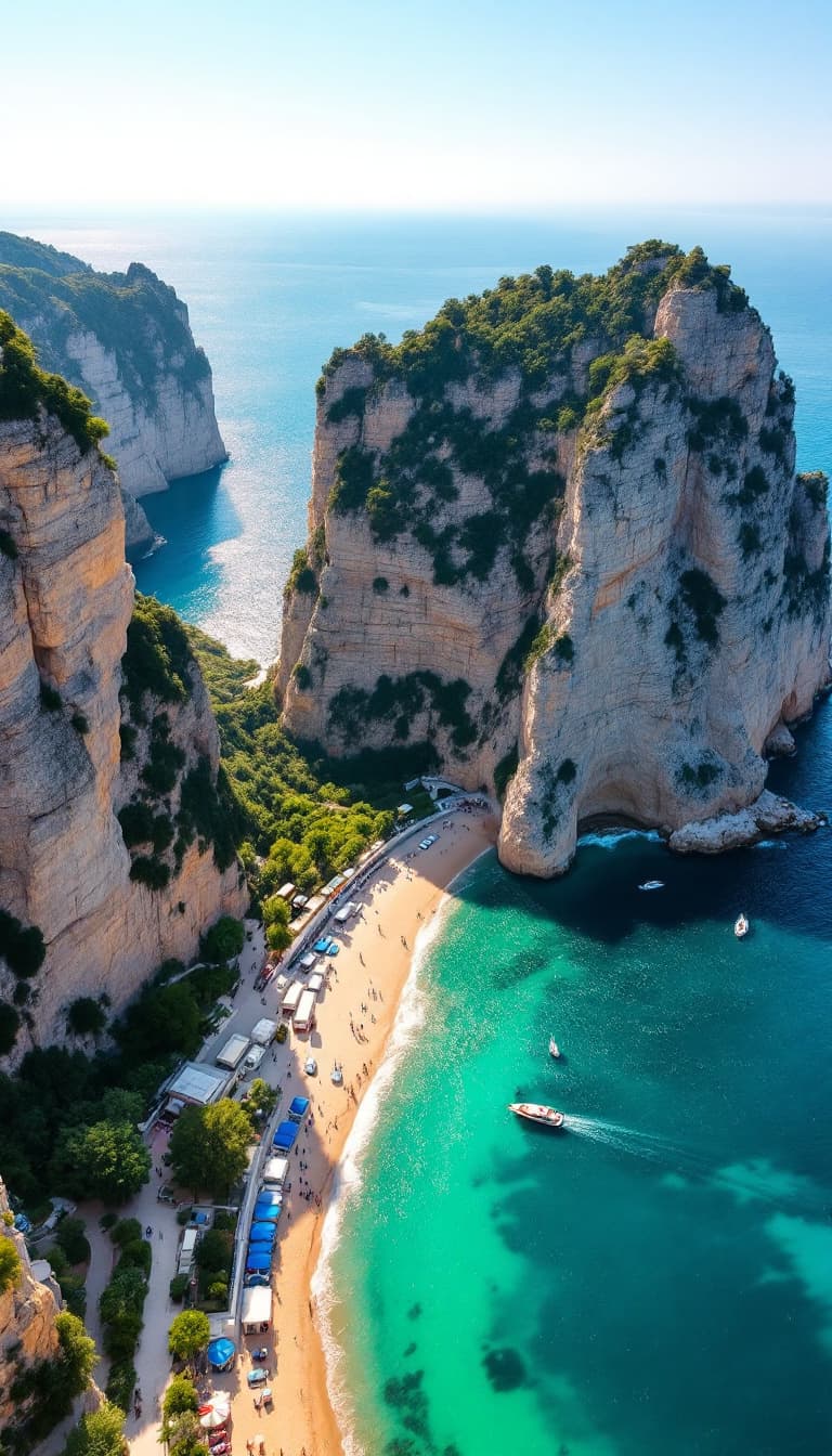 AI generated: A breathtaking drone shot of the Crimean coastline, featuring towering limestone cliffs plunging int...