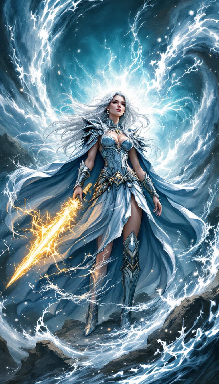 AI generated: A dazzling and exquisitely detailed drawing of a silver-haired enchantress, emanating power as she s...