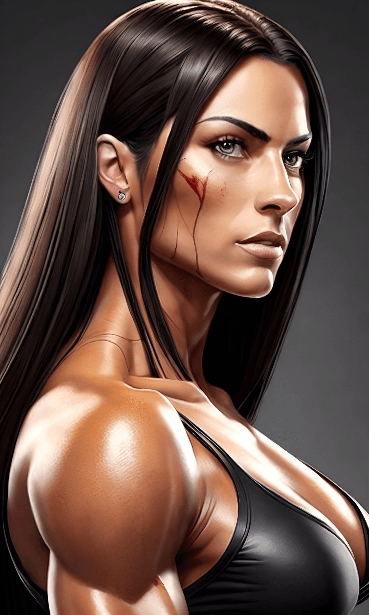 AI generated: A portrait of a toned athletic female character, long dark fantasy hair, detailed, vivid, bronze rus...