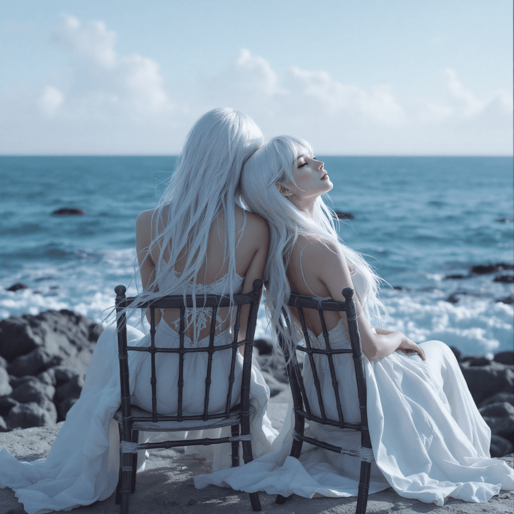 AI generated: Two realistic girls with white hair sitting on chairs on the sea, they lean back to back, fantasy st...