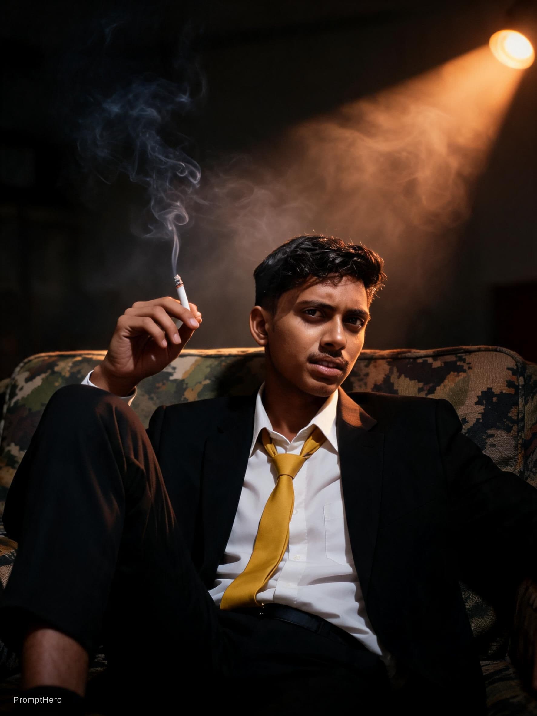 AI generated: photography, cover shoot, dimly lit room with a hazy atmosphere, capturing a professional male model...