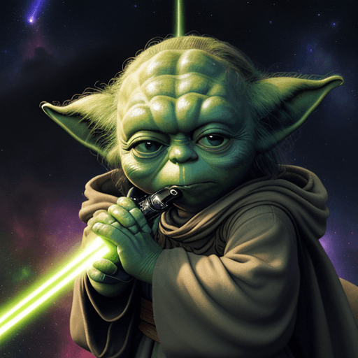 AI generated: Photo, background, YODA in cosmos, 4k, light sword, war galaxy 