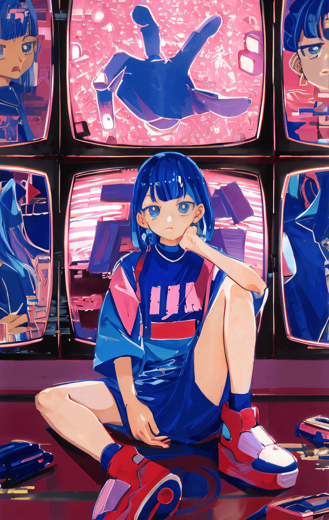 AI generated: anime girl sitting on the floor in front of a bunch of televisions, 8 0 s anime vibe, 9 0 s anime ae...