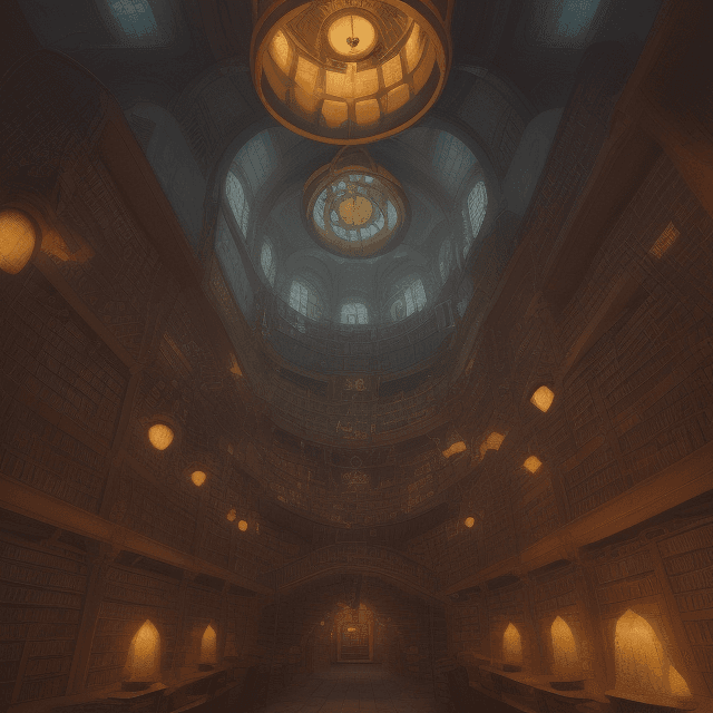 AI generated: Magical medieval library all books lanterns lights climbing celestial library spiraling with light, ...