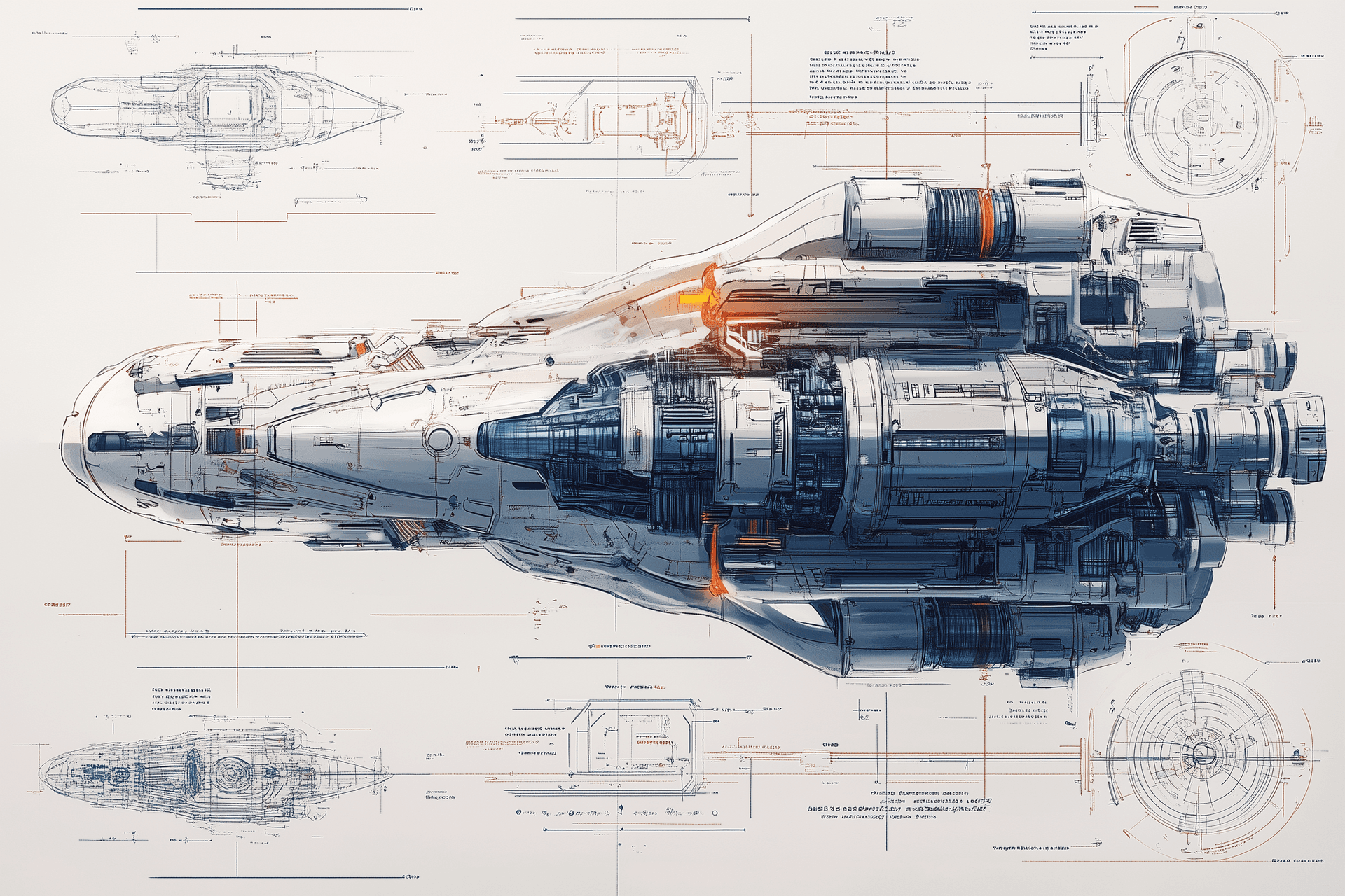 AI generated: sketches, blueprint of futuristic, sci fi, hyperdrive engines, repair, matter and anti matter holdin...
