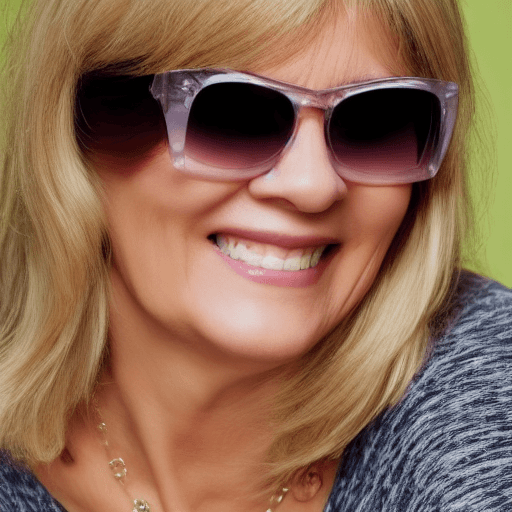 AI generated: pretty blond semi-long hair, woman rectangular sunglasses,55years old, smiling , 