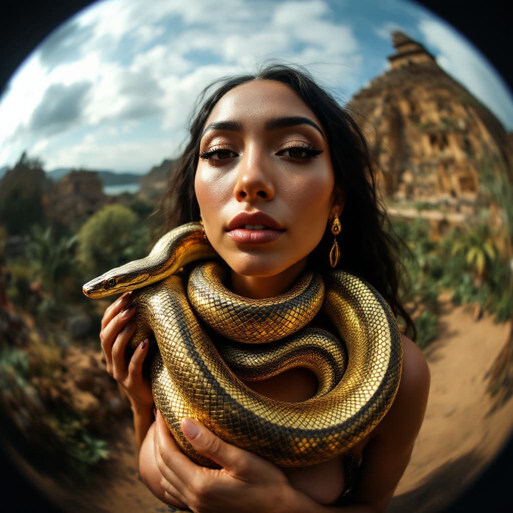 AI generated: A BEAUTIFUL, VOLUPTUOUS MAYAN WOMAN HOLDING A SHINY, METALLIC, GOLD-COLORED VIPER THAT IS COILING AR...