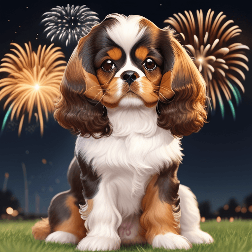 AI generated: Cute cavalier king charles spaniel with Fireworks