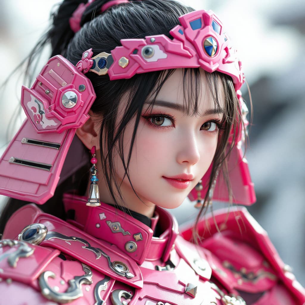 AI generated: 3d render, Anzu Mazaki wearing pink samurai armours, close-up shot.