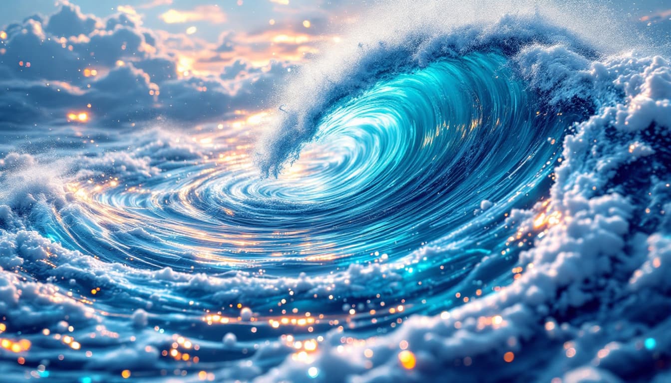 AI generated:  sea scape and giant rose swirll pattern ocean wave with sea foam, in a shape of a rose, crashing on...