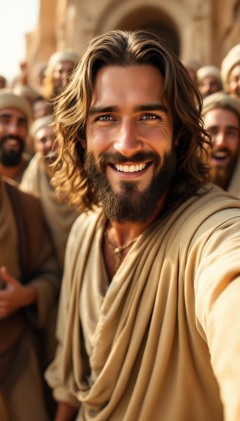 AI generated: A vibrant and warm ultra realist scene that depicts a man with long brown hair and beard, identical ...