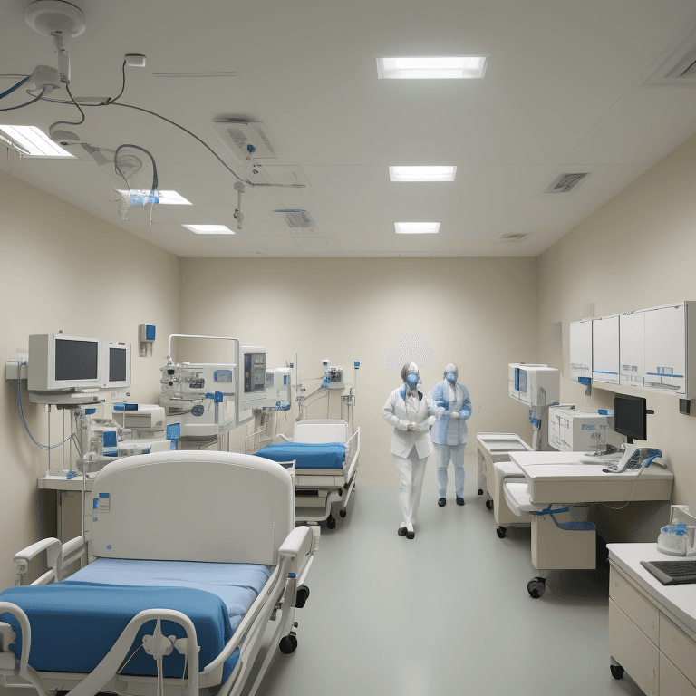 AI generated: inside a hospital with hospital beds and nurses and doctors with medical equipment, a medical labora...