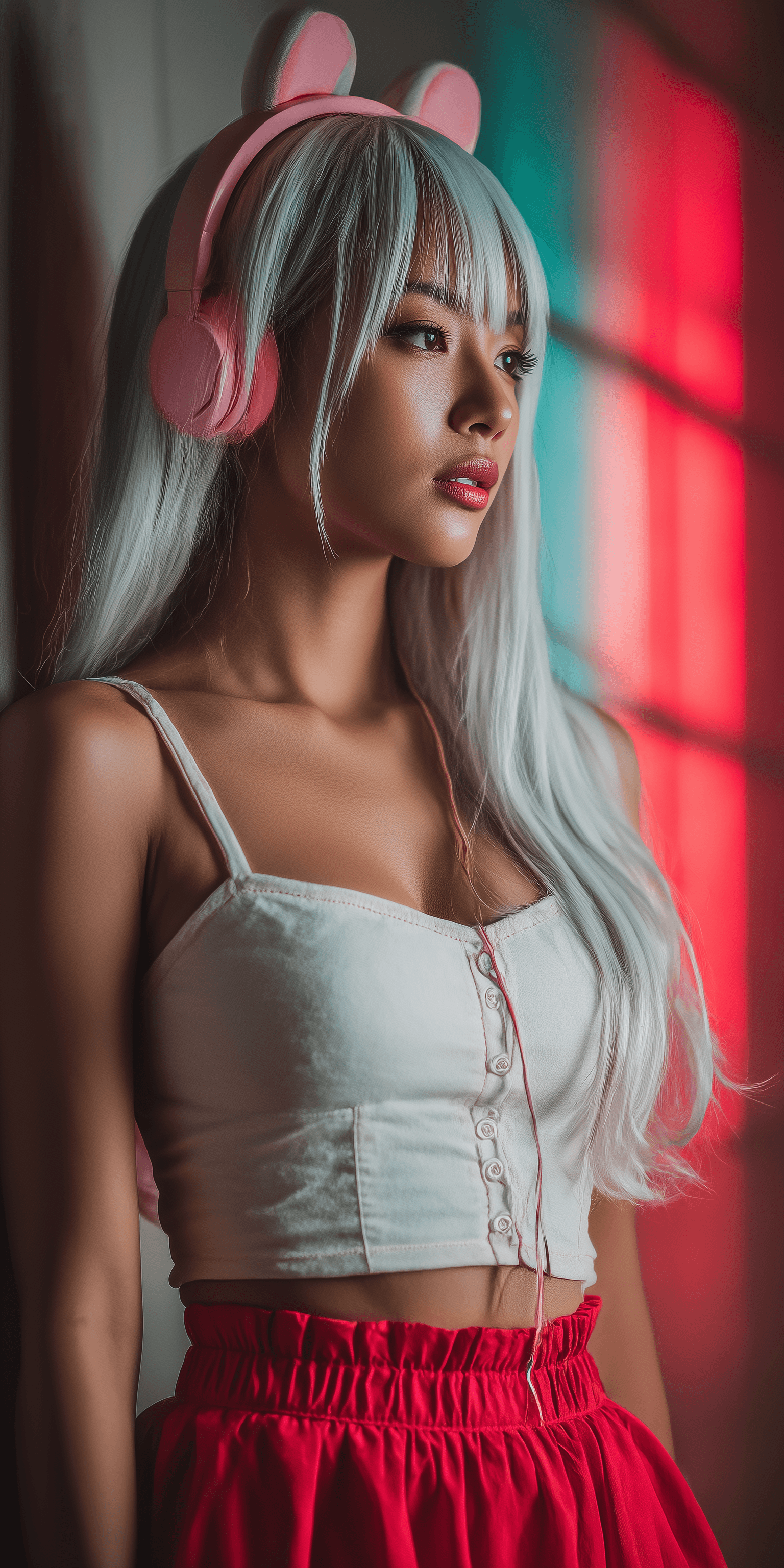 AI generated: Beautiful Japanese girl in bunny costume, long white hair and pink headphones, red skirt, full body ...