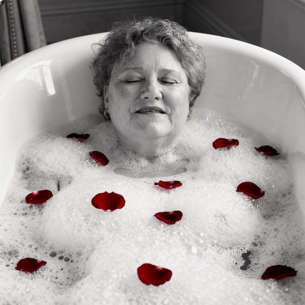 AI generated: A sensual black and white photograph of a woman in her fifties (referenced photo) reclining in a lux...